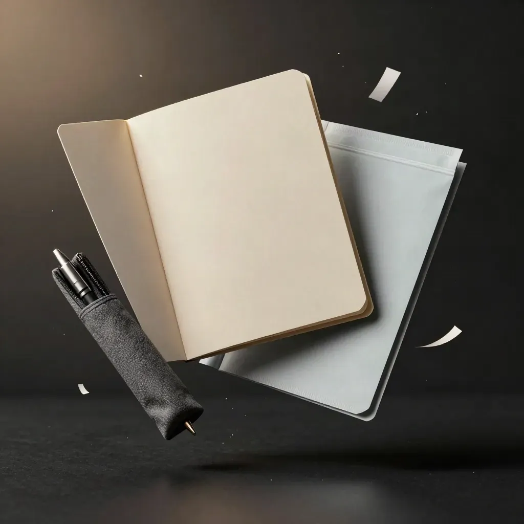 Floating mentor bundle with folders, pouch, bookmark, and packet on dark studio surface