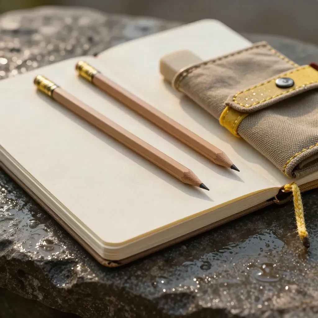 Wet-stone macro of tutoring tools: linen notebook, pencils, eraser and canvas reading kit with yellow accent.