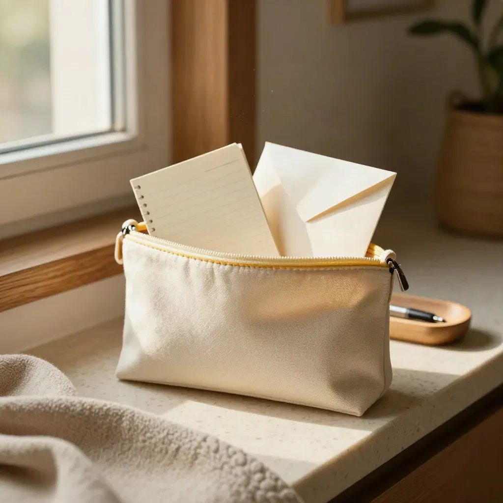 A family support pack with pouch, tissues, envelope, notepad and tray in a cozy home corner.