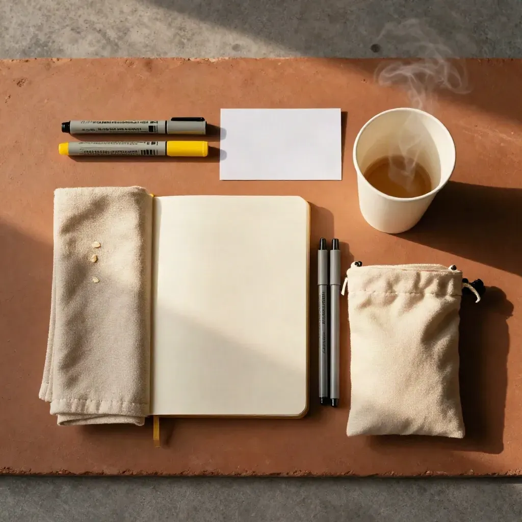 Overhead flatlay of a parent night kit with notebook, markers, pouch, cup and steam on terracotta.