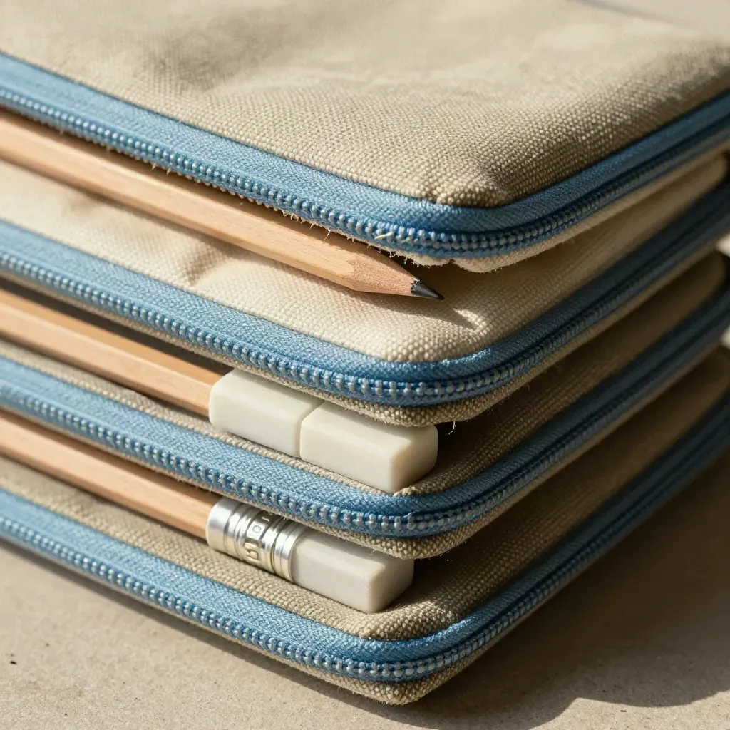 Overhead macro of three canvas pencil cases with pencils and erasers on a dusty plaster surface.
